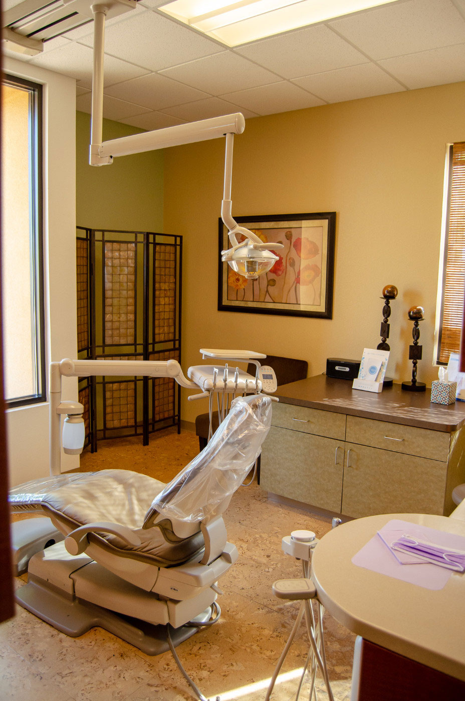 Dental office interior with dental chair, equipment, and a window view.
